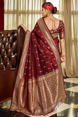 Eclat Maroon Pure Zari Weaving Banarasi Silk Saree With Fragrant Blouse Piece
