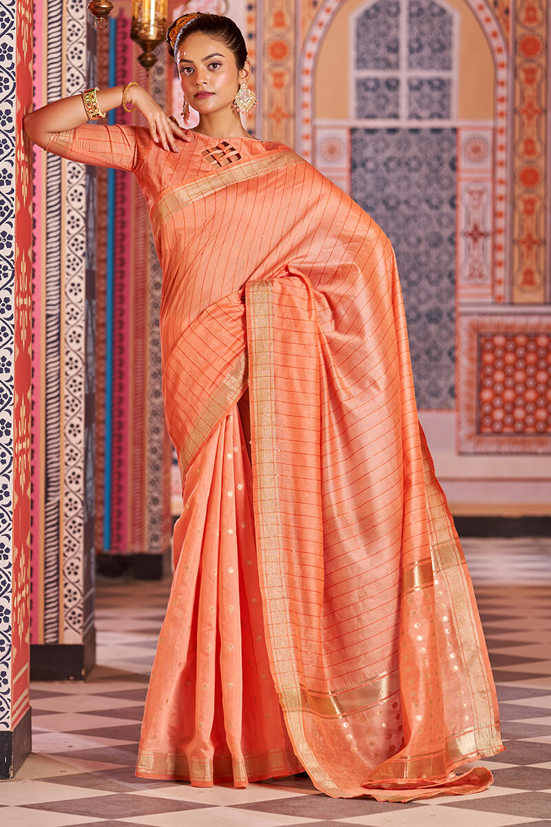 Redolent Orange Linen Cotton Silk Saree With Vestigial Blouse Piece