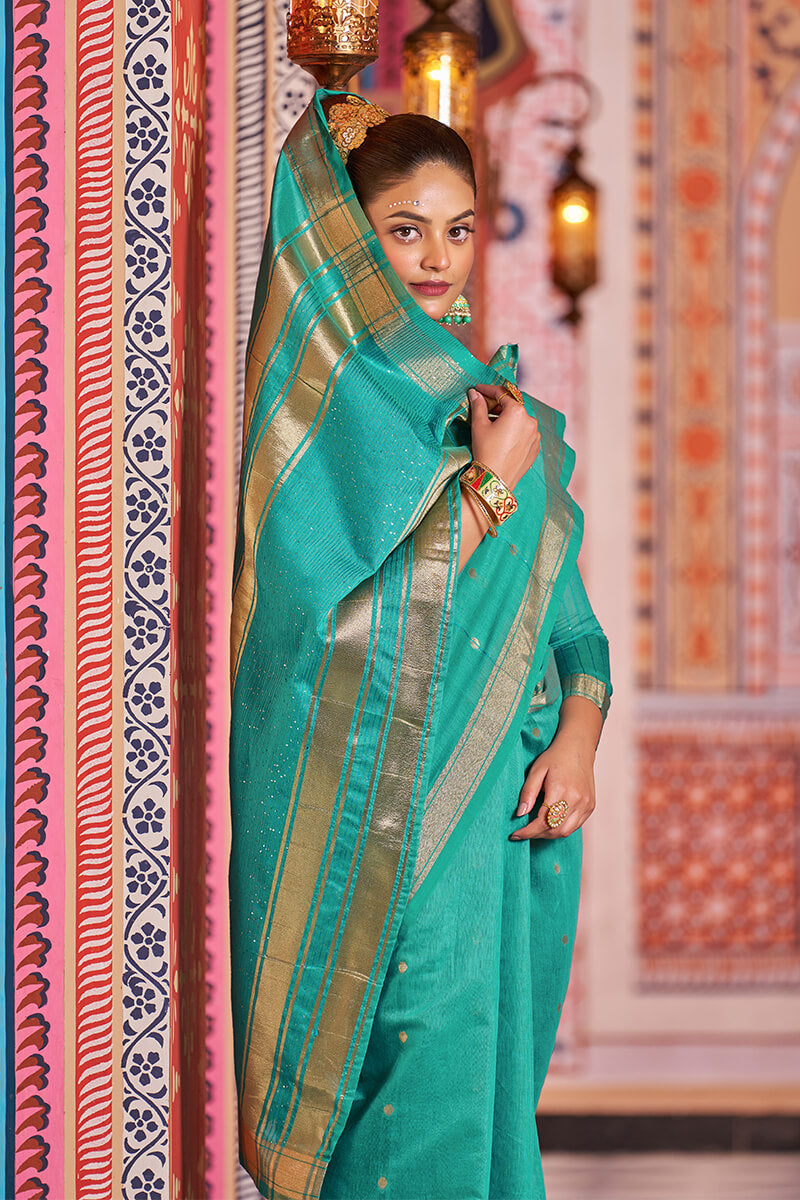 Engaging Rama Linen Cotton Silk Saree With Lagniappe Blouse Piece