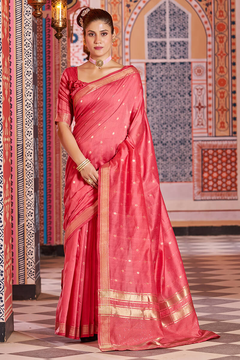 Splendiferous Red Linen Cotton Silk Saree With Amiable Blouse Piece