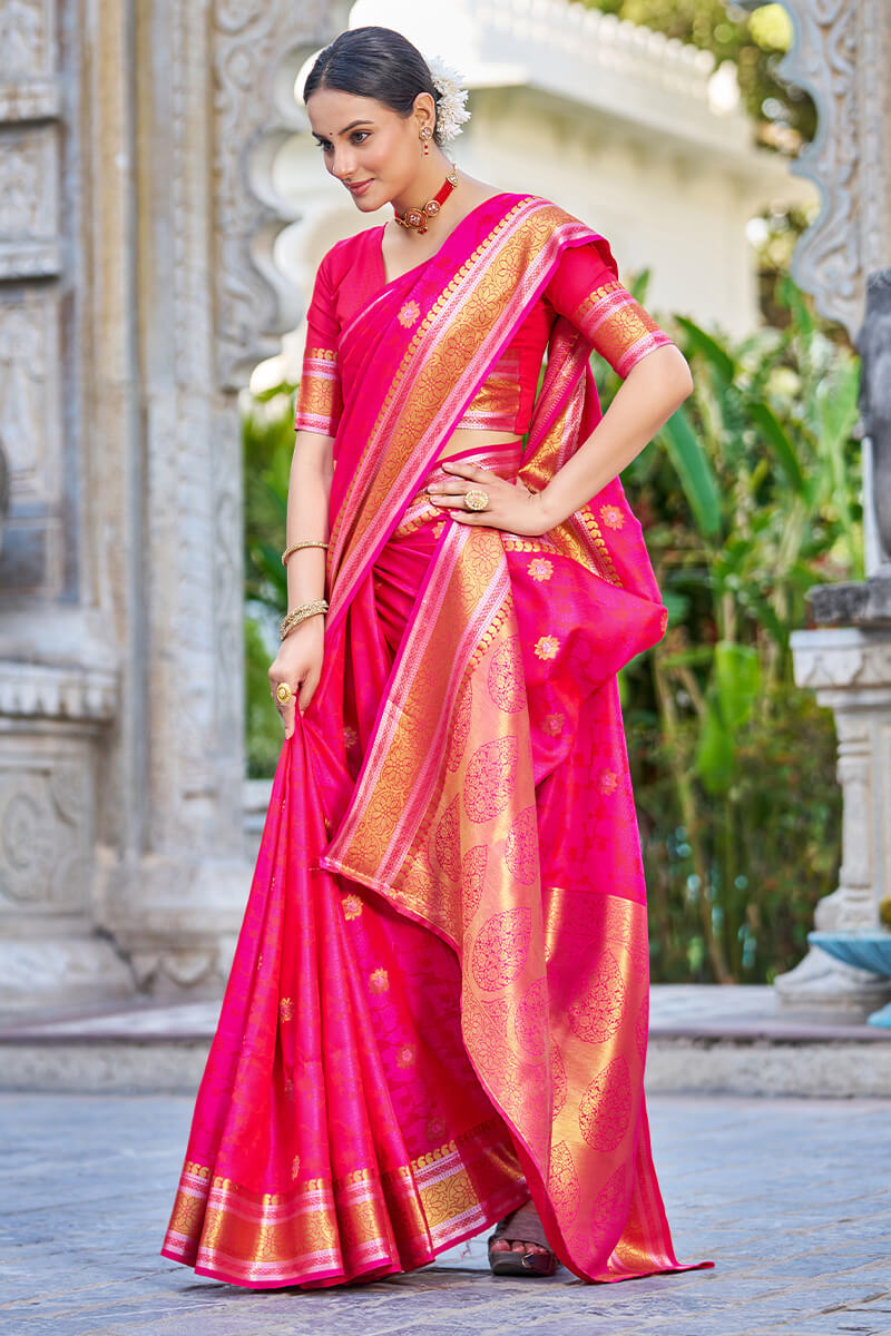 Attractive Dark Pink Kanjivaram Silk Saree With Ideal Blouse Piece