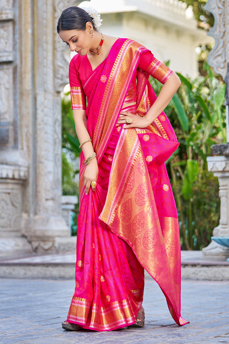 Attractive Dark Pink Kanjivaram Silk Saree With Ideal Blouse Piece