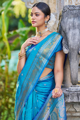 Energetic Firozi Kanjivaram Silk Saree With Traditional Blouse Piece
