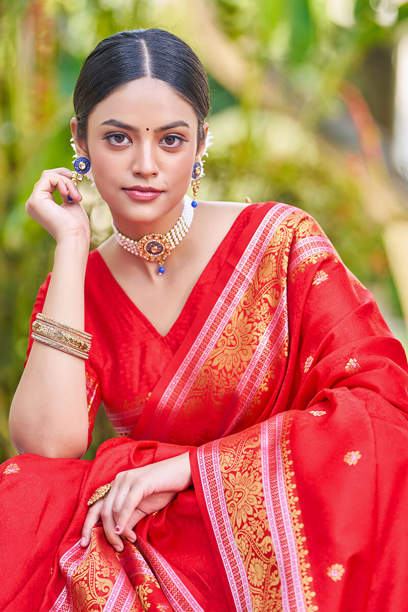 Ethnic Red Kanjivaram Silk Saree With Confounding Blouse Piece