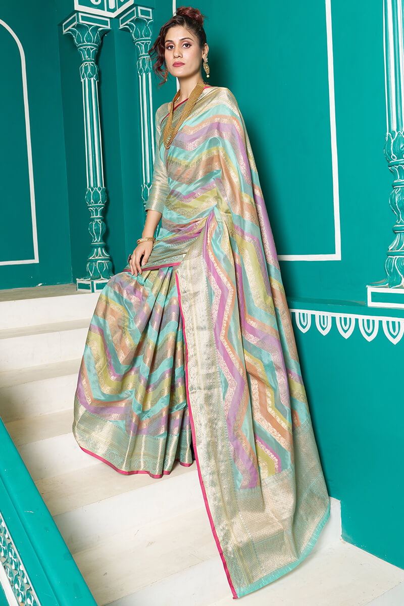 Tempting Sky Organza Silk Saree With Stunner Blouse Piece