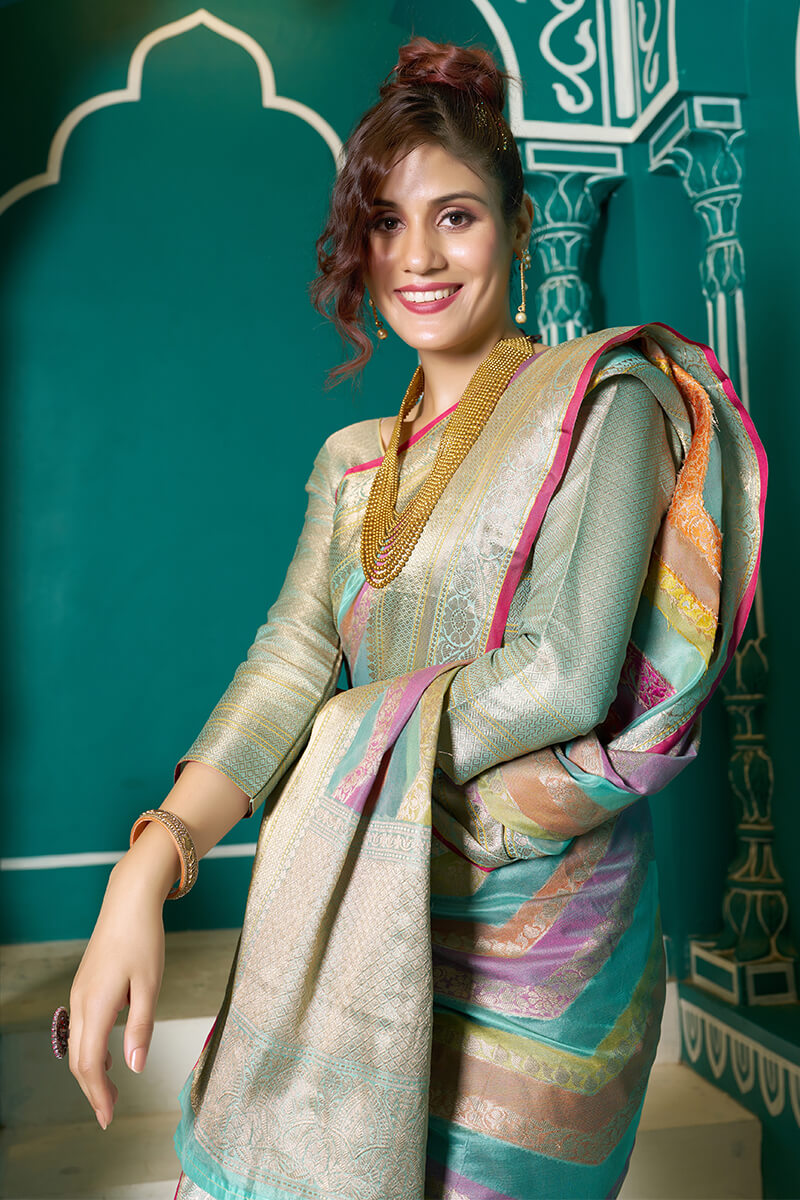 Tempting Sky Organza Silk Saree With Stunner Blouse Piece