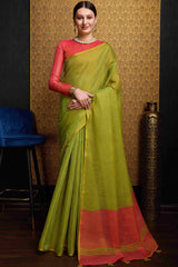 Incredible Green Soft Banarasi Tissue Silk Saree With Inspiring Blouse Piece
