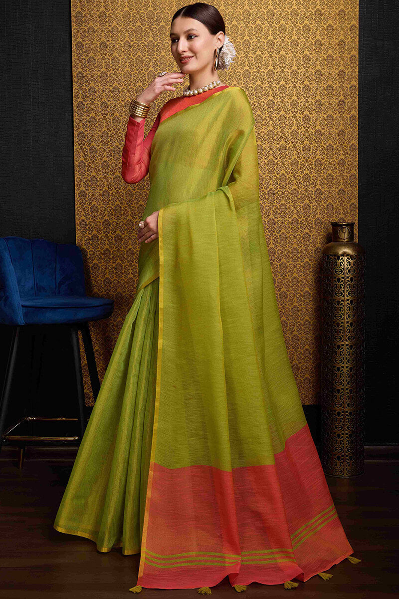 Incredible Green Soft Banarasi Tissue Silk Saree With Inspiring Blouse Piece
