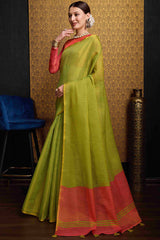 Incredible Green Soft Banarasi Tissue Silk Saree With Inspiring Blouse Piece