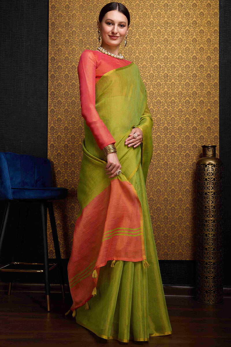 Incredible Green Soft Banarasi Tissue Silk Saree With Inspiring Blouse Piece