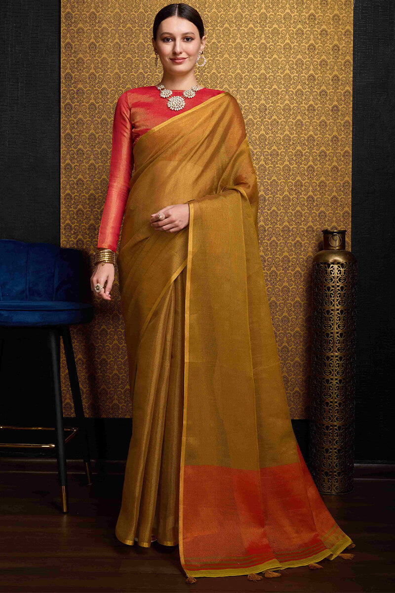 Rhapsodic Mustard Soft Banarasi Tissue Silk Saree With Surpassing Blouse Piece
