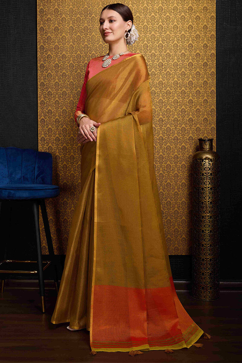 Rhapsodic Mustard Soft Banarasi Tissue Silk Saree With Surpassing Blouse Piece
