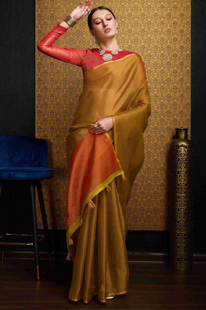 Rhapsodic Mustard Soft Banarasi Tissue Silk Saree With Surpassing Blouse Piece