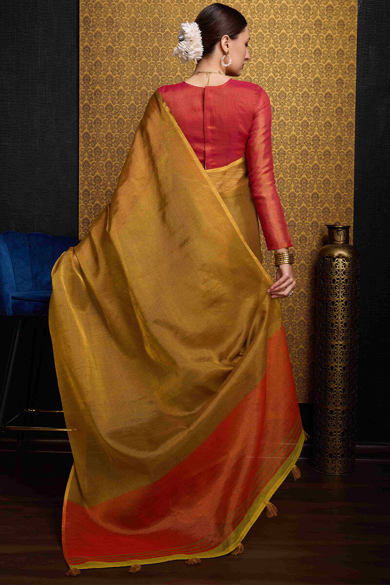 Rhapsodic Mustard Soft Banarasi Tissue Silk Saree With Surpassing Blouse Piece