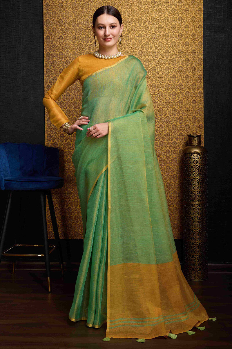 Wonderful Sea Green Soft Banarasi Tissue Silk Saree With Exquisite Blouse Piece