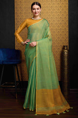 Wonderful Sea Green Soft Banarasi Tissue Silk Saree With Exquisite Blouse Piece
