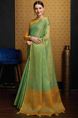 Wonderful Sea Green Soft Banarasi Tissue Silk Saree With Exquisite Blouse Piece