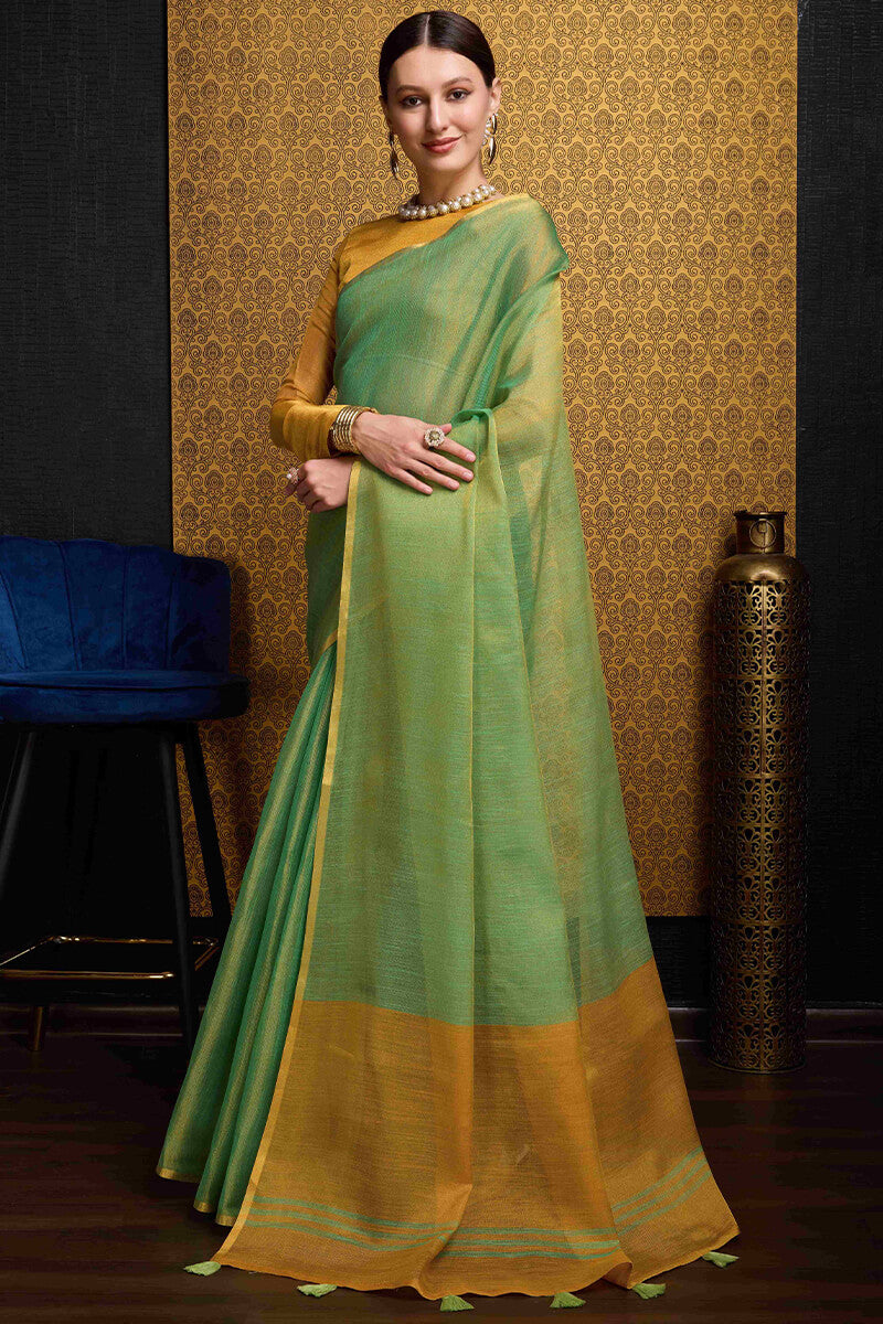 Wonderful Sea Green Soft Banarasi Tissue Silk Saree With Exquisite Blouse Piece