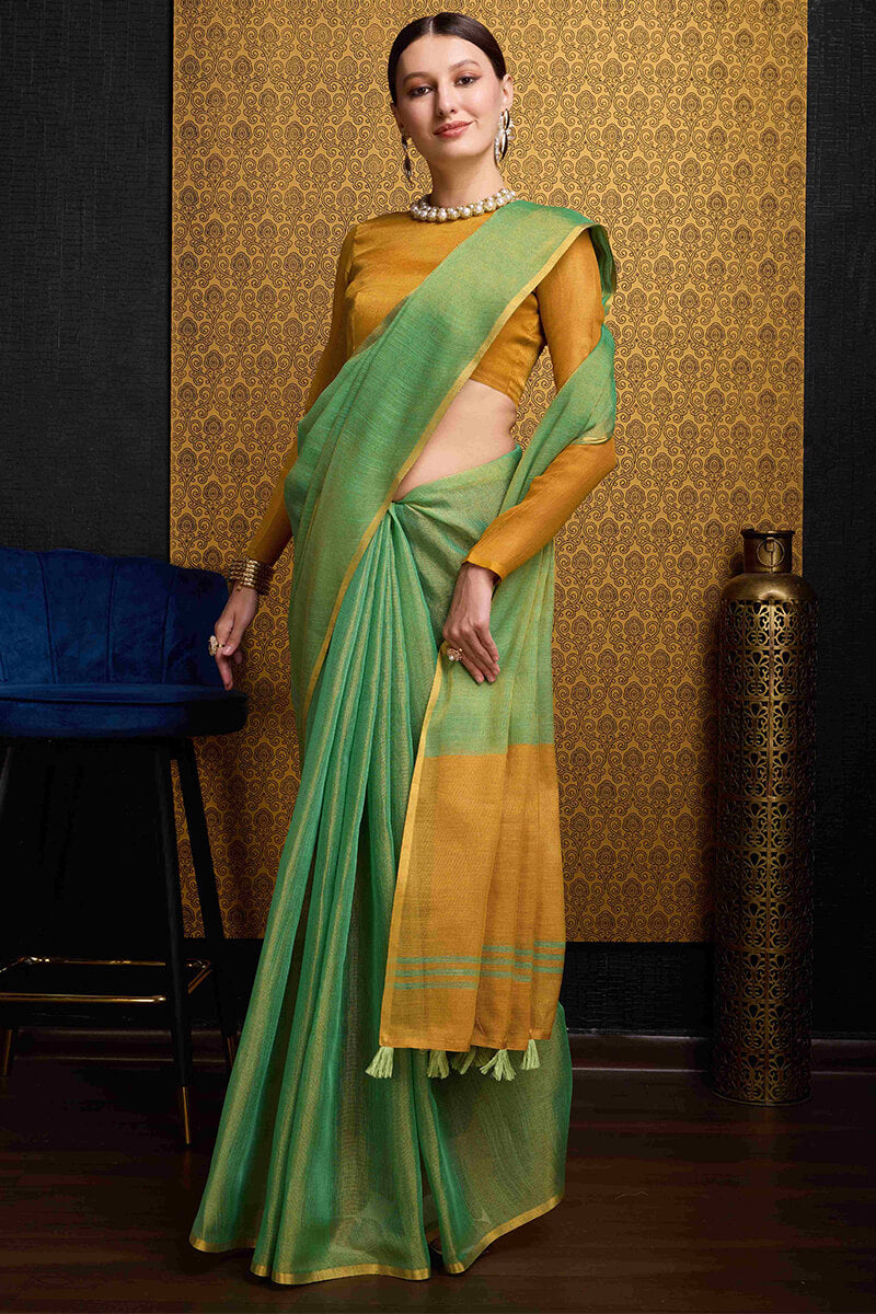 Wonderful Sea Green Soft Banarasi Tissue Silk Saree With Exquisite Blouse Piece