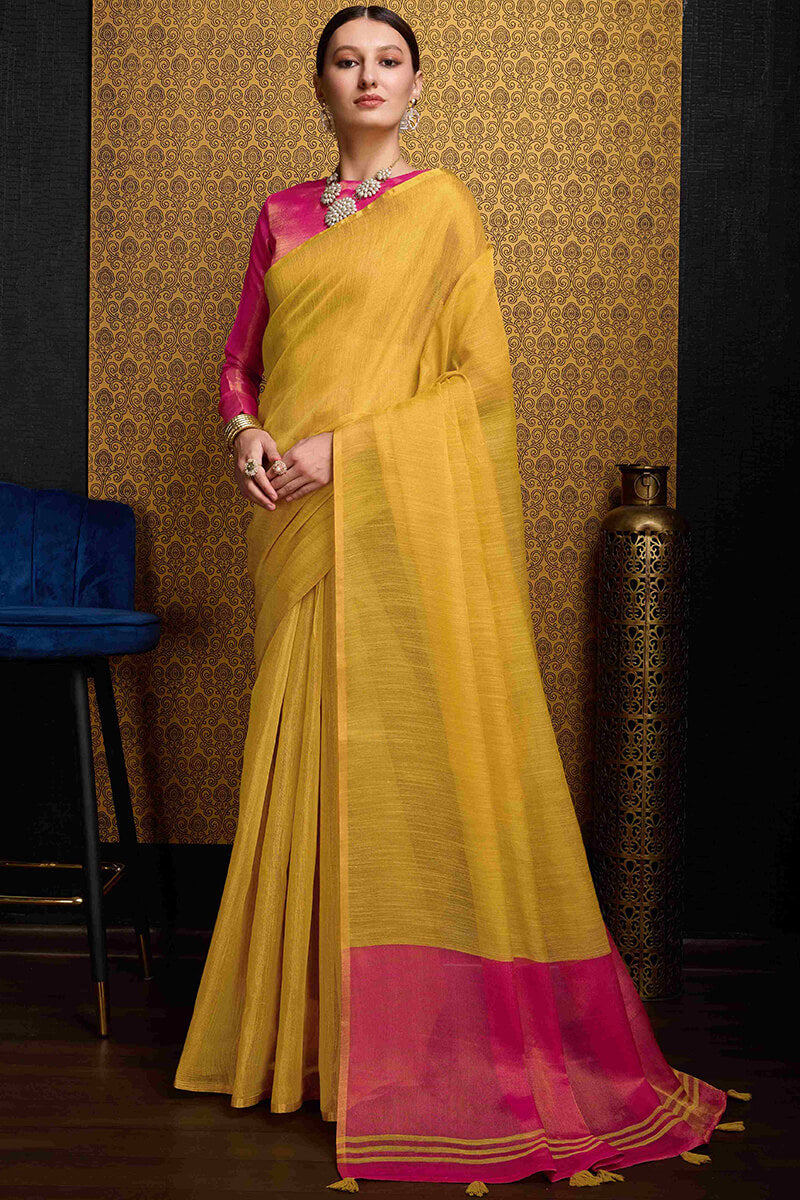 Beguiling Yellow Soft Banarasi Tissue Silk Saree With Evocative Blouse Piece