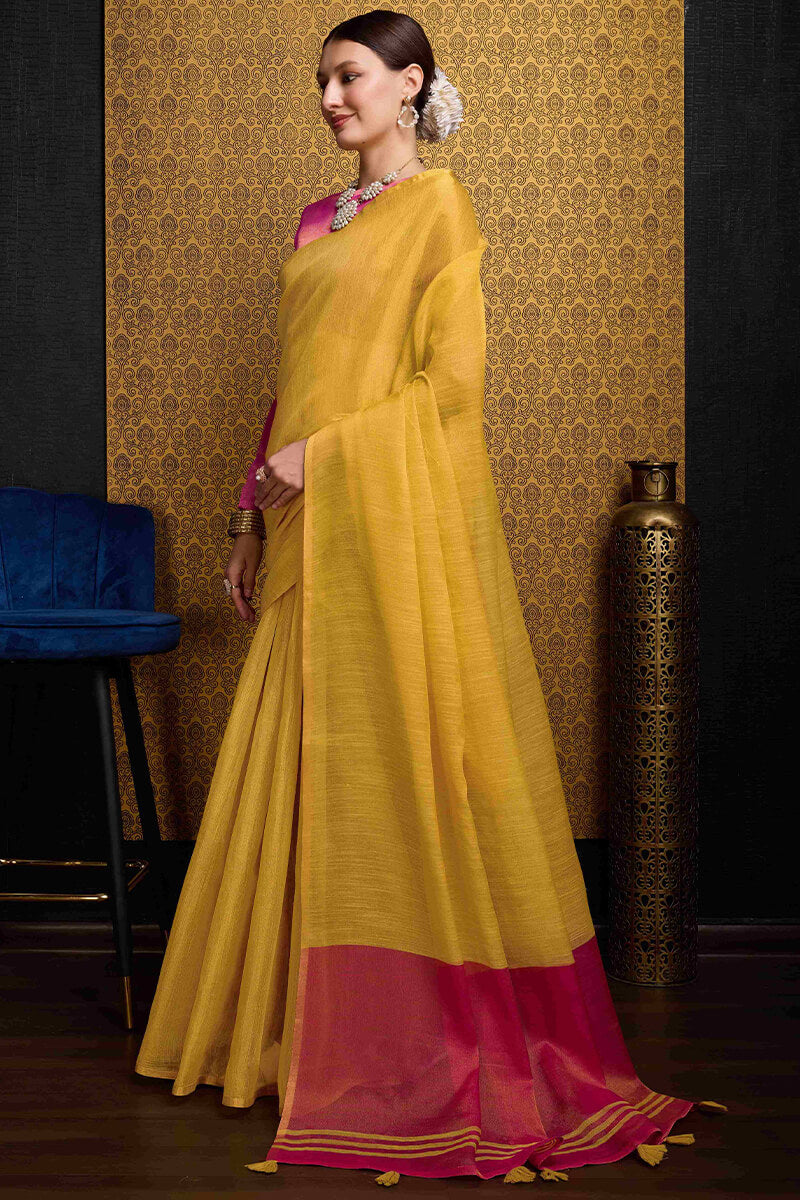 Beguiling Yellow Soft Banarasi Tissue Silk Saree With Evocative Blouse Piece