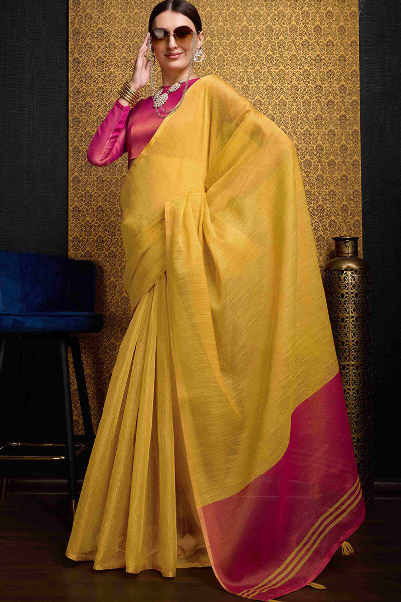 Beguiling Yellow Soft Banarasi Tissue Silk Saree With Evocative Blouse Piece