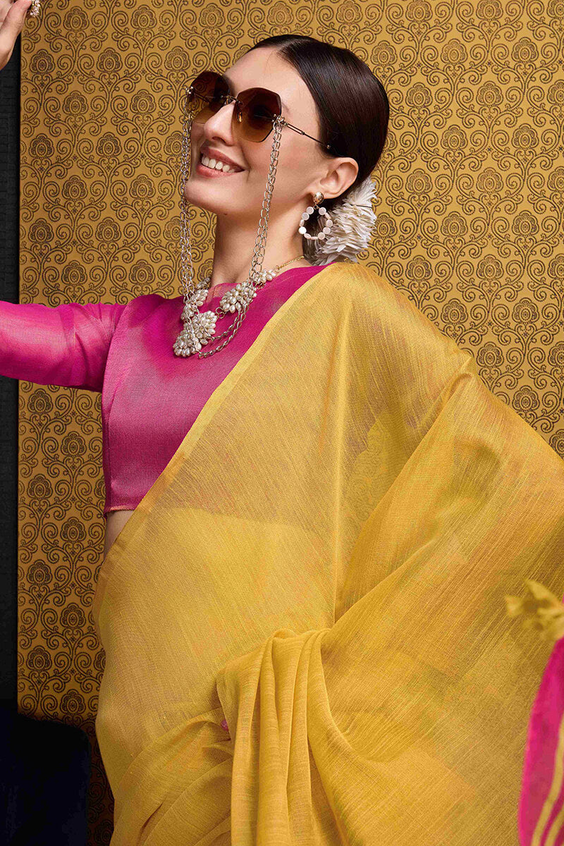 Beguiling Yellow Soft Banarasi Tissue Silk Saree With Evocative Blouse Piece