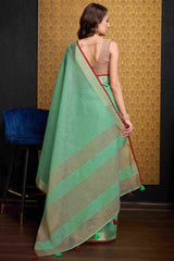 Deserving Sea Green Cotton Silk Saree With Ethereal Blouse Piece