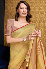 Enchanting Yellow Cotton Silk Saree With Tantalizing Blouse Piece