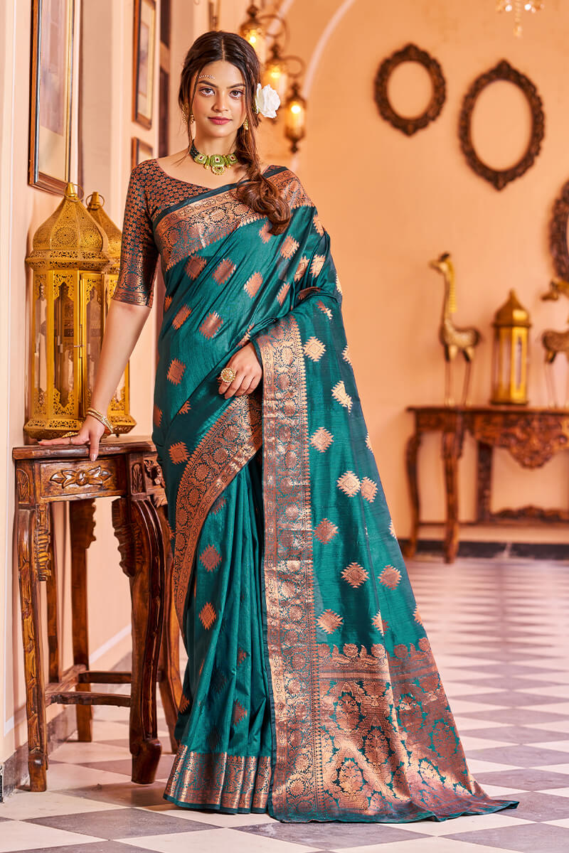 Twirling Rama Soft Banarasi Silk Saree With Entrancing Blouse Piece