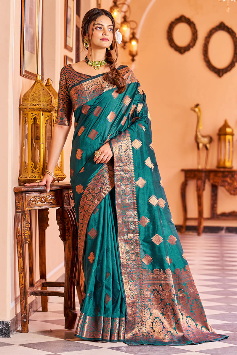 Twirling Rama Soft Banarasi Silk Saree With Entrancing Blouse Piece