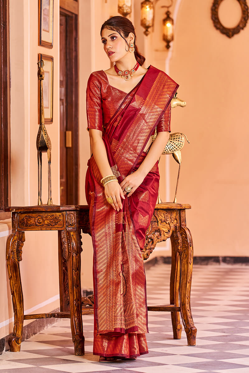 Majesty Red Soft Banarasi Silk Saree With Opulent Blouse Piece