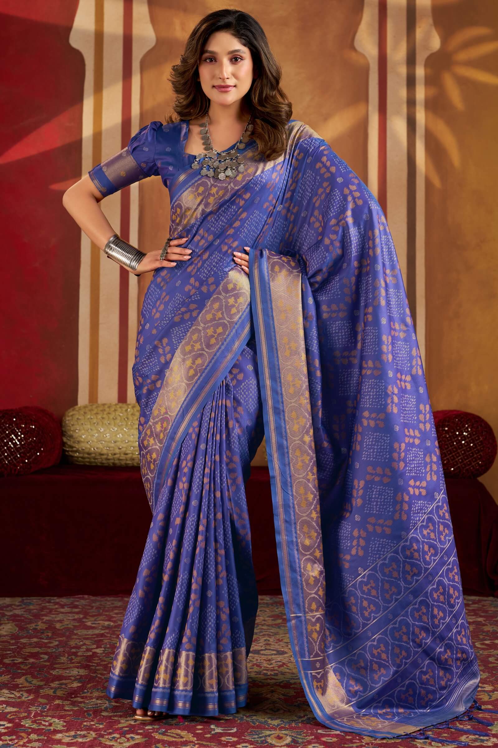 Evanescent Royal Blue Patola Silk Saree with Flaunt Blouse Piece