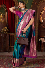 Engrossing Rama Pure Zari Weaving Banarasi Silk Saree With Symmetrical Blouse Piece