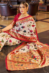 Pleasurable Off White Paithani Silk Saree With Flamboyant Blouse Piece