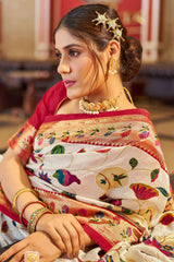 Pleasurable Off White Paithani Silk Saree With Flamboyant Blouse Piece