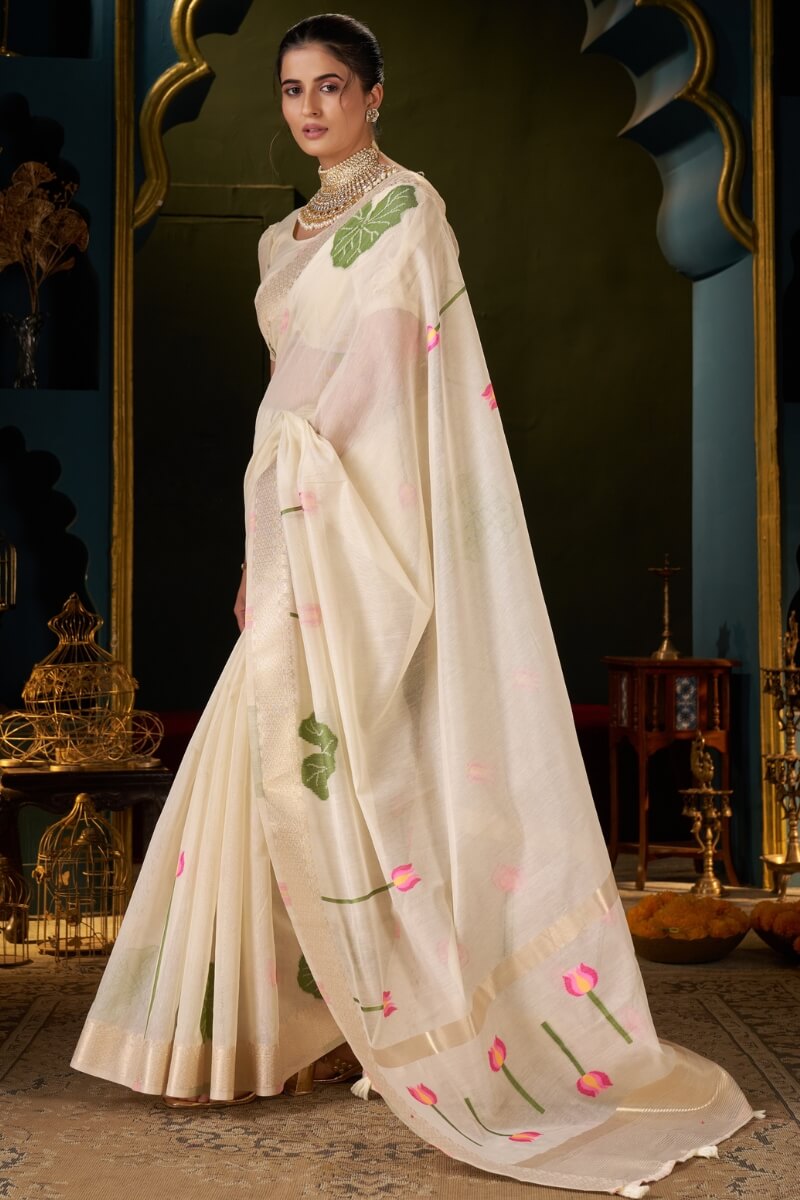 Entrancing Beige Cotton Silk Saree With Conflate Blouse Piece