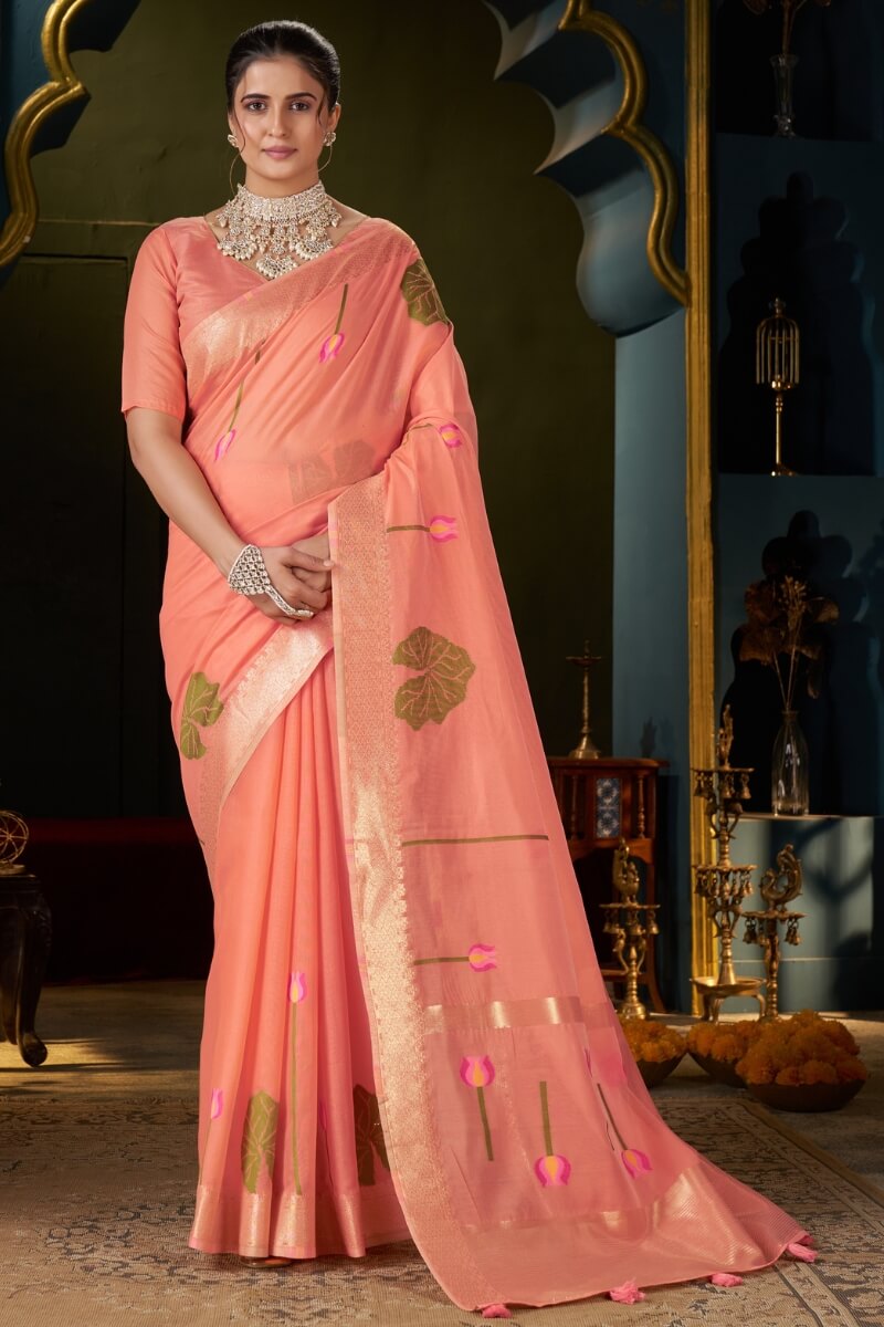 Fugacious Peach Cotton Silk Saree With Sophisticated Blouse Piece