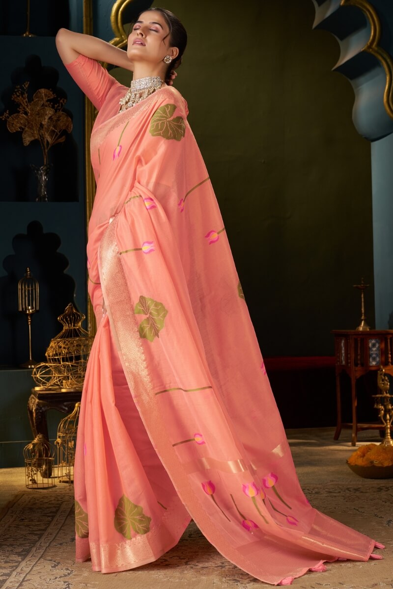 Fugacious Peach Cotton Silk Saree With Sophisticated Blouse Piece