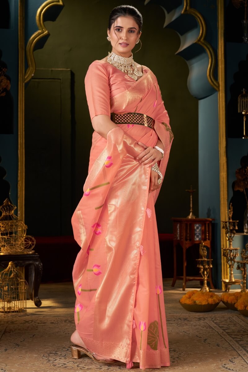 Fugacious Peach Cotton Silk Saree With Sophisticated Blouse Piece