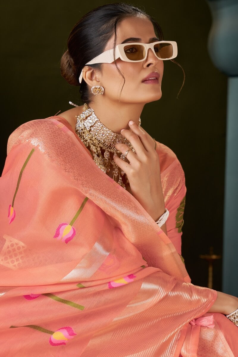 Fugacious Peach Cotton Silk Saree With Sophisticated Blouse Piece