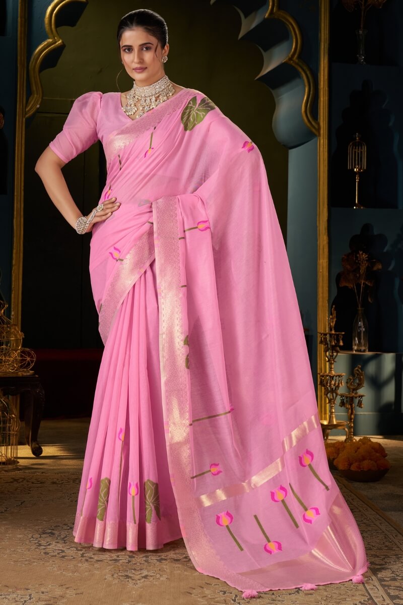 Classy Pink Cotton Silk Saree With Bewitching Blouse Piece