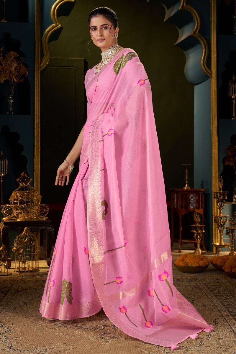 Classy Pink Cotton Silk Saree With Bewitching Blouse Piece