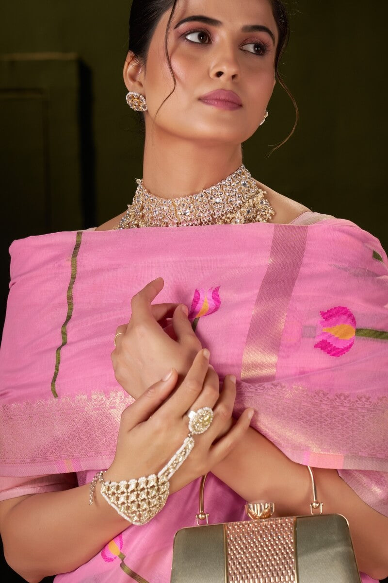 Classy Pink Cotton Silk Saree With Bewitching Blouse Piece