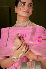 Classy Pink Cotton Silk Saree With Bewitching Blouse Piece