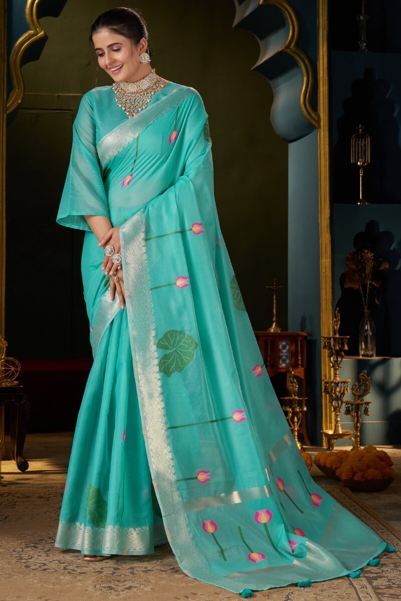 Verdant Turquoise Cotton Silk Saree With Alluring Blouse Piece