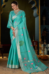 Verdant Turquoise Cotton Silk Saree With Alluring Blouse Piece