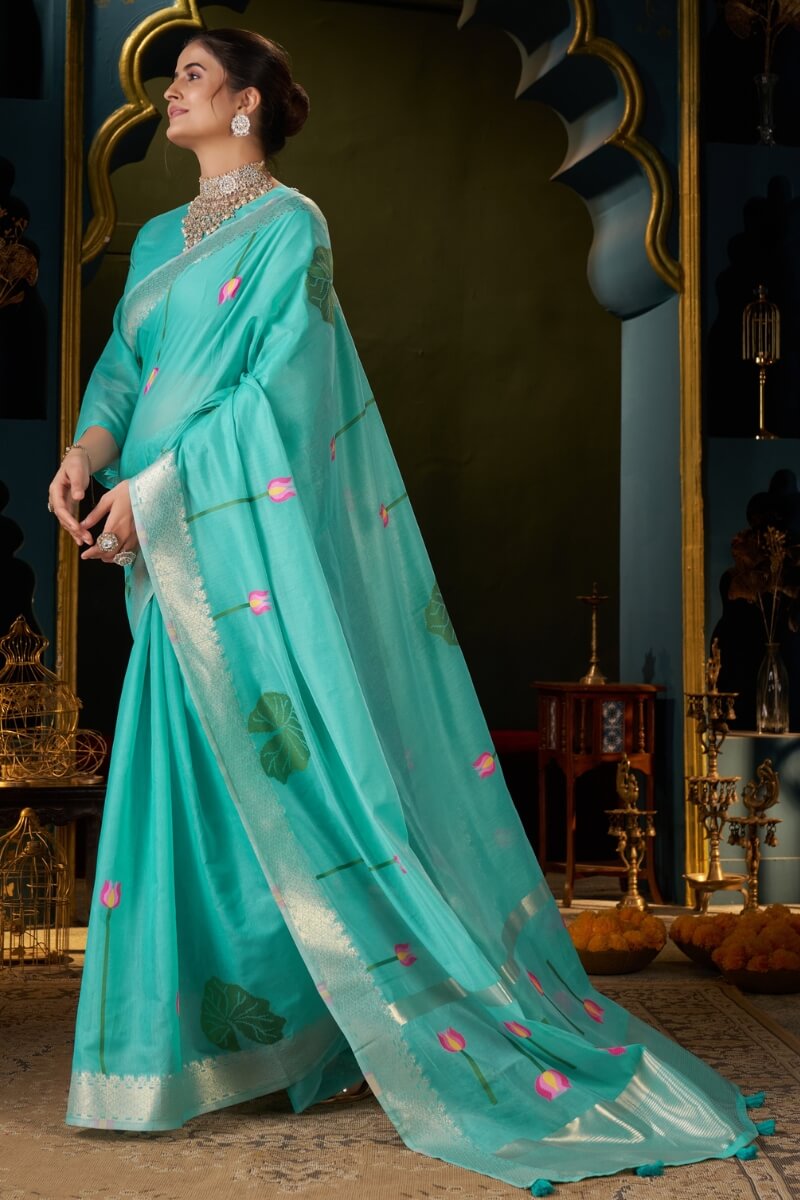 Verdant Turquoise Cotton Silk Saree With Alluring Blouse Piece