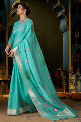 Verdant Turquoise Cotton Silk Saree With Alluring Blouse Piece