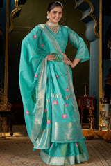 Verdant Turquoise Cotton Silk Saree With Alluring Blouse Piece